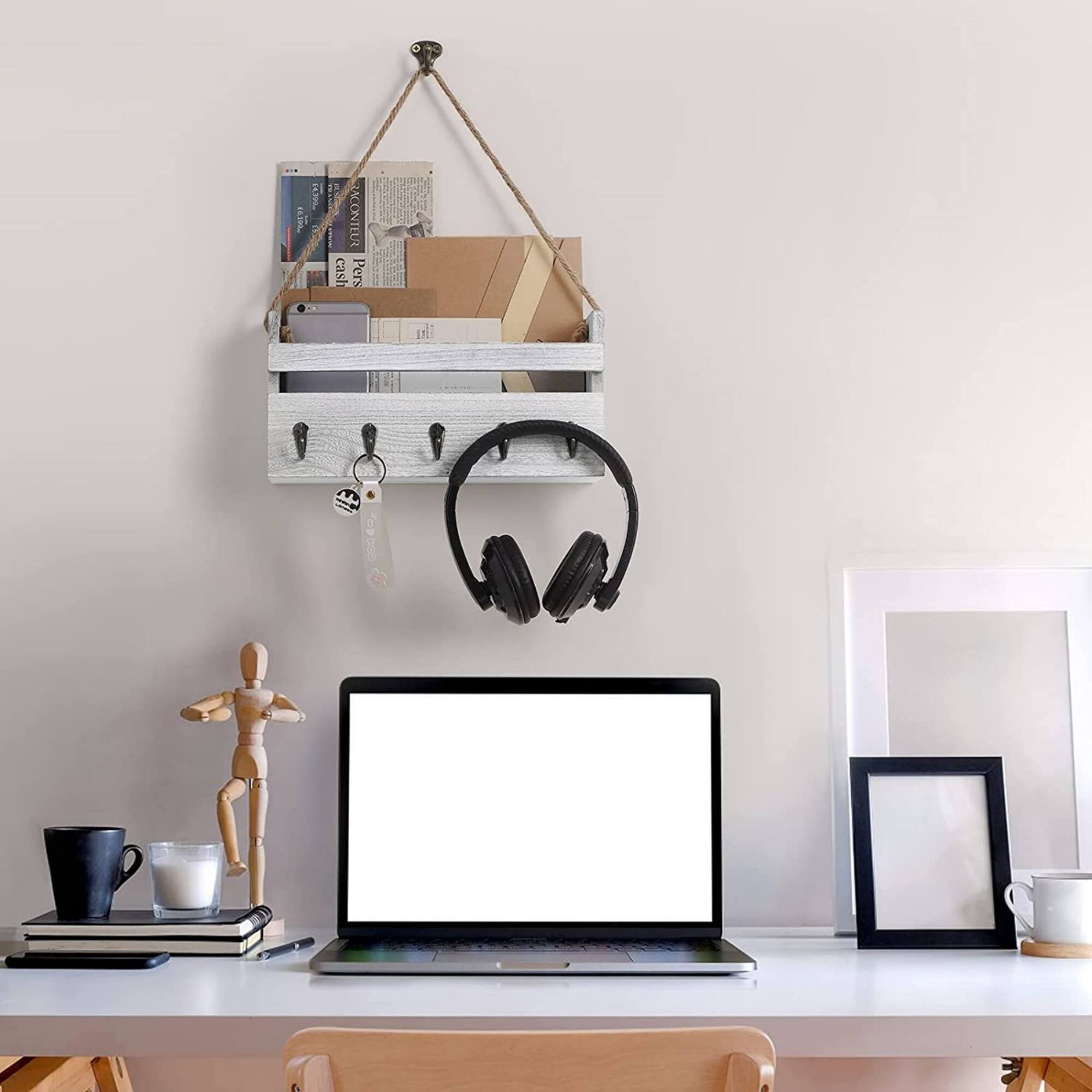 NEX™ Gray-Whitewash Hanging Wall-Mounted Mail Organizer with 5 Hooks